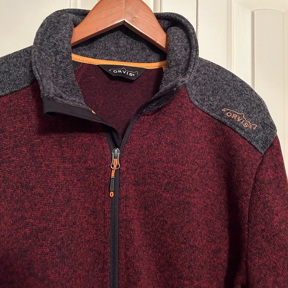 Men’s Orvis Heathered Red&Gray Fleece Jacket w/ Elbow Patches - Picture 2 of 4